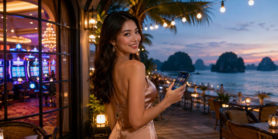 Người dùng truy cập ứng dụng casino trên điện thoại tại vùng biển Hạ Long