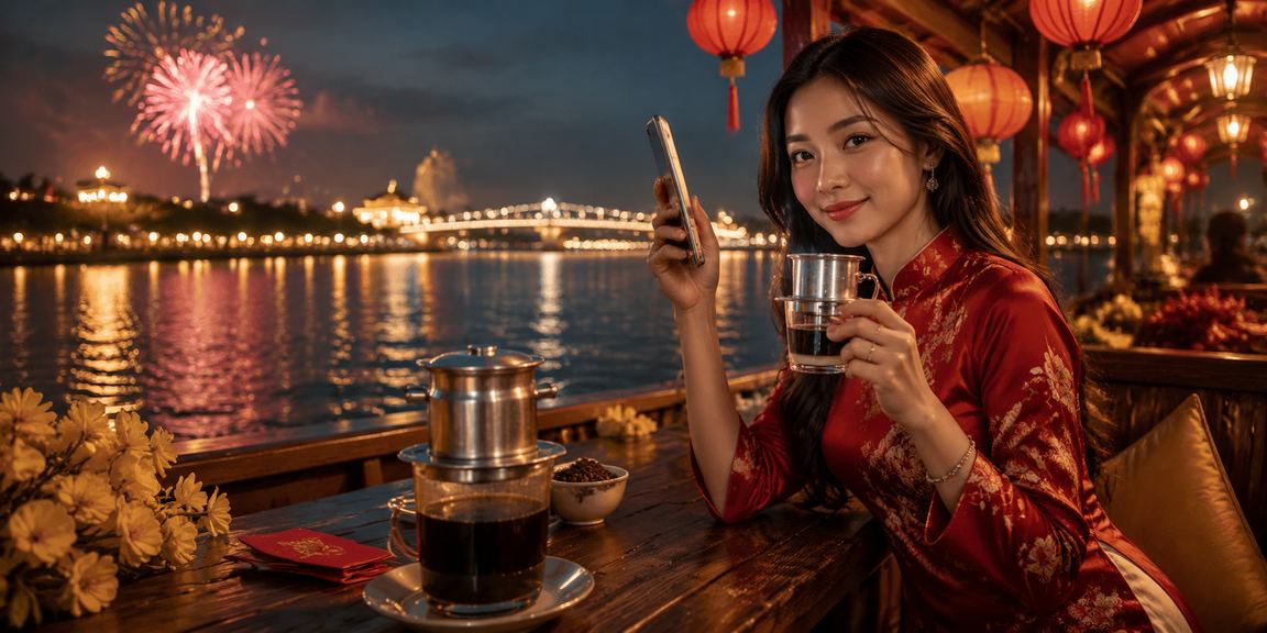 Người dùng tại Huế uống cà phê và kích hoạt mã voucher casino trên điện thoại di động